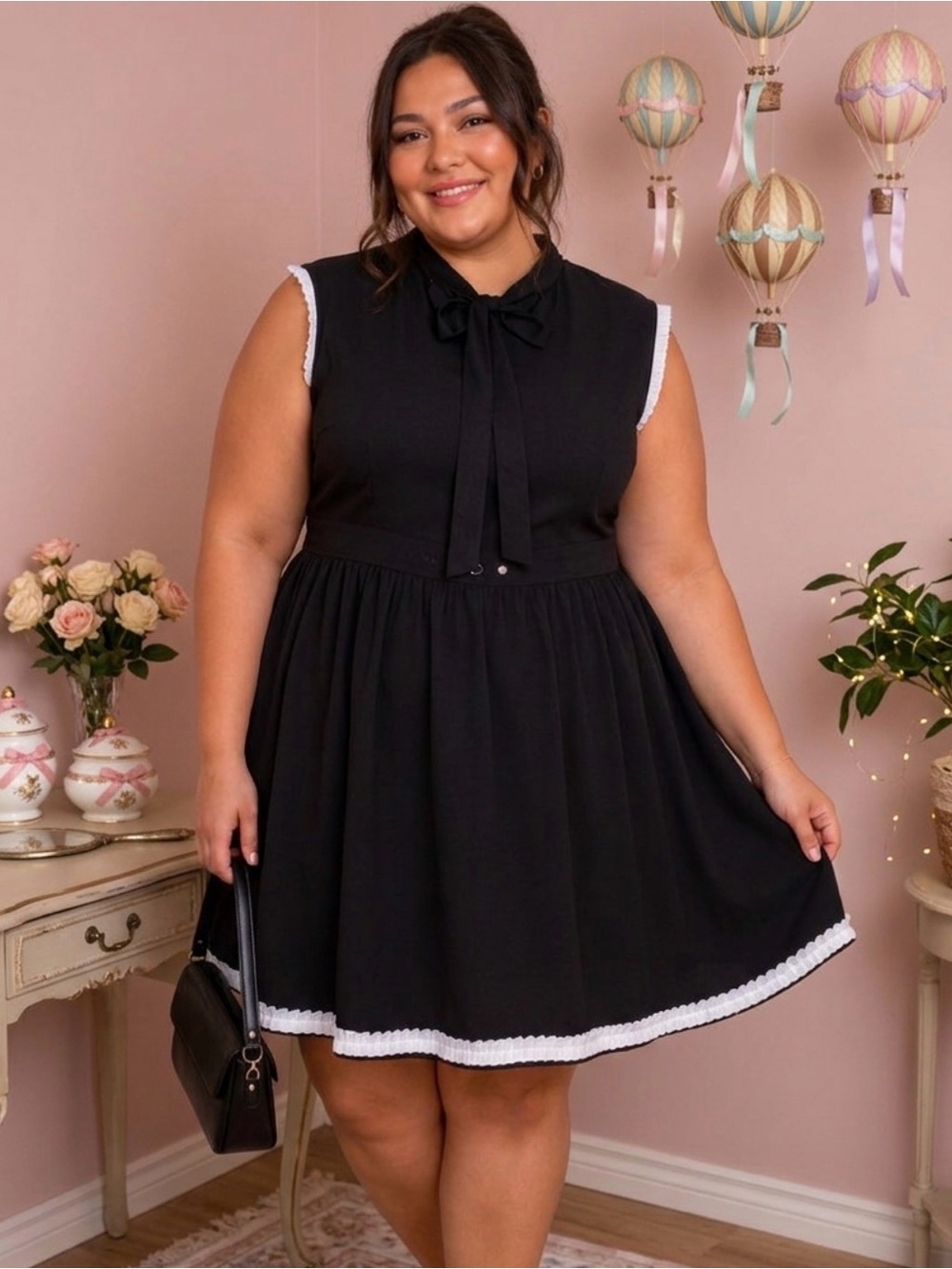 Black Sleeveless Tie-Neck Dress with White Ruffle Trim
